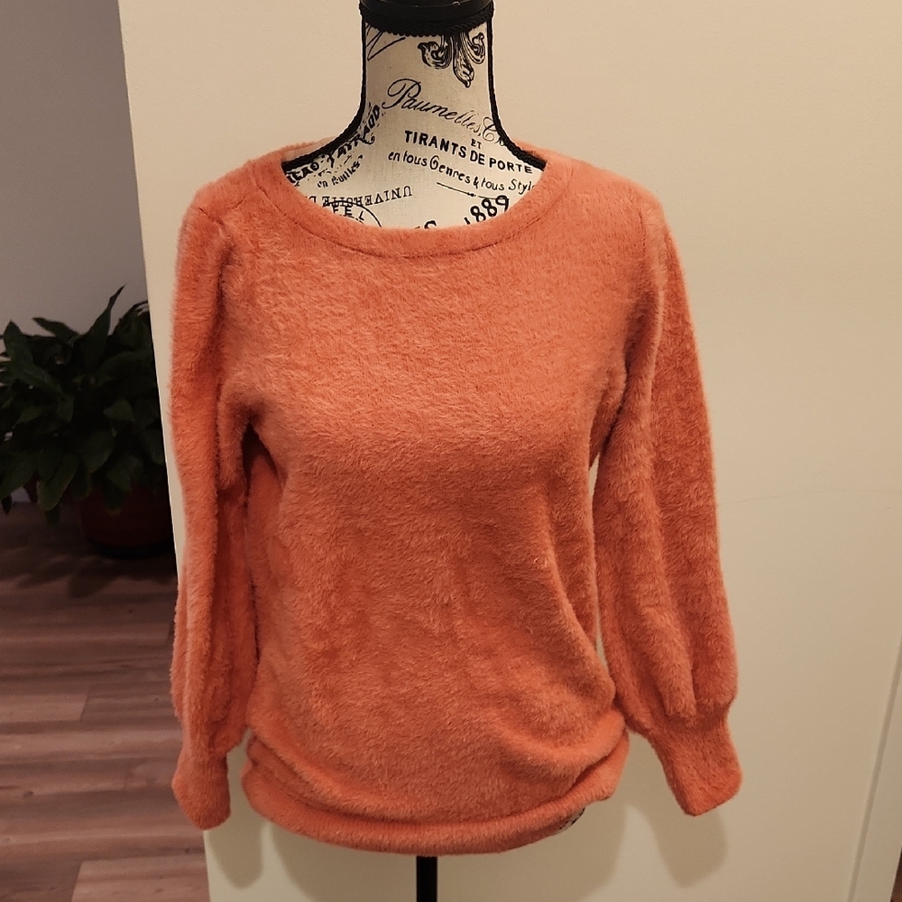 Chico's Pink and Orange Crew Neck Sweater with Fuzzy Texture